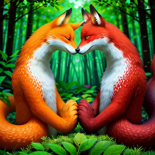 two foxes are sitting in the woods with their mouths touching each other's noses with their tails, with a green background
