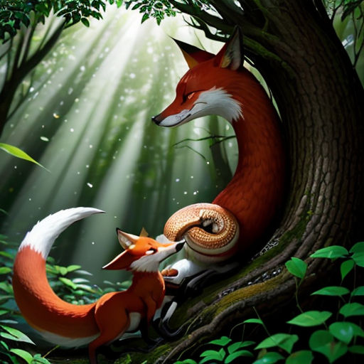 a couple of foxes sitting on top of a tree in a forest with leaves and grass around them,
