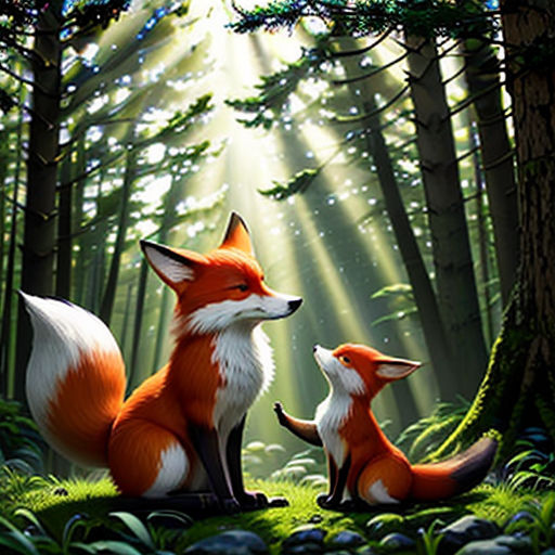 a painting of two foxes in the woods with sunlight streaming through the trees and grass on the ground, with the light coming through the trees