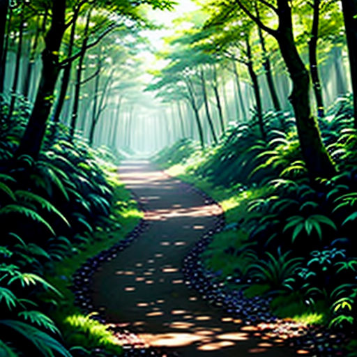 a painting of a path in the woods with trees and grass on both sides of it, with sunlight streaming through the trees