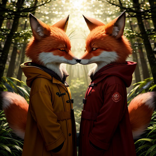 a couple of foxes standing next to each other in a forest with trees and bushes behind them, with the image of two people kissing
