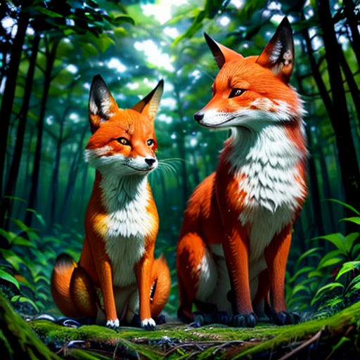 two foxes sitting in the middle of a forest with green leaves and trees around them, looking at each other