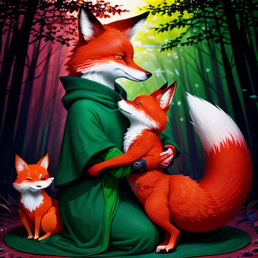 a painting of a woman holding a fox in a forest with trees and leaves in the background, with a full moon in the sky