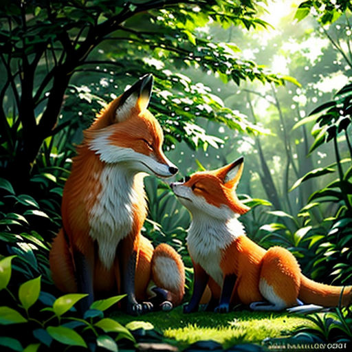 a couple of foxes sitting in the middle of a forest together, with the sun shining through the trees