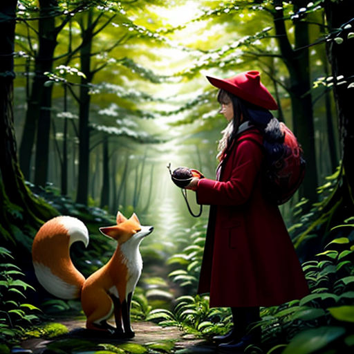 a woman in a red coat and hat standing in a forest with a fox in front of her,