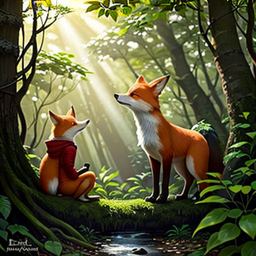 two foxes sitting in the woods with sunlight streaming through the trees and a stream running through them, with a forest background