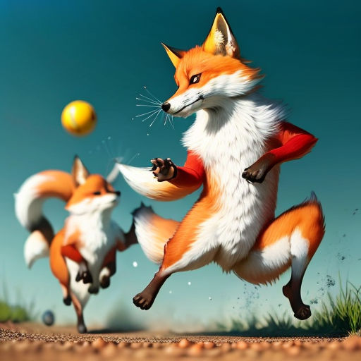 a fox is running with a ball in its mouth and another fox is running behind him in the background