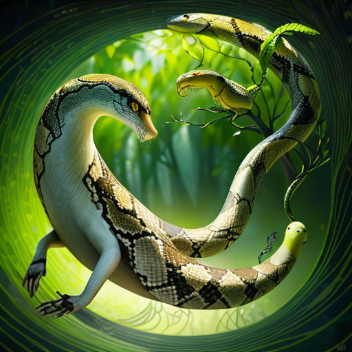 a snake is in a circle with a plant in it's mouth and another snake is in the background