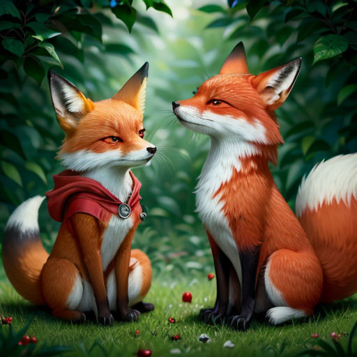 two foxes sitting in the grass with leaves around them and one is looking at the other one with a red scarf