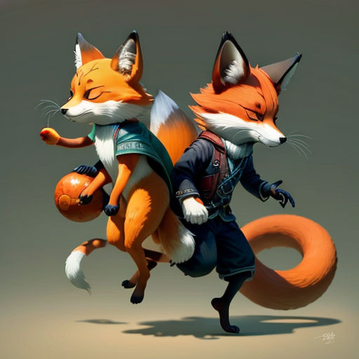 a fox and a fox are riding on a basketball ball in a cartoon style, with a backpack on
