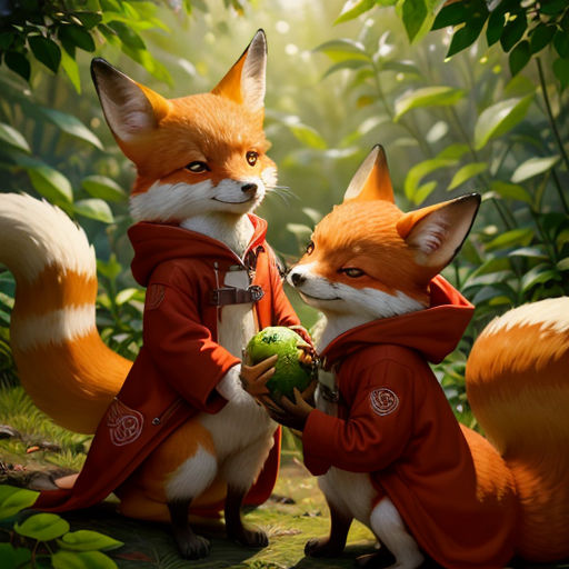 a couple of foxes standing next to each other in a forest with a ball in their hand and a person holding a tennis ball