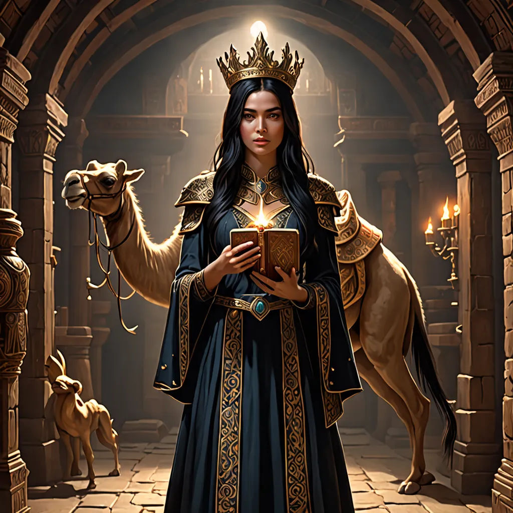 a woman in a blue dress holding a book and a camel in a room with a light coming from it, fantasy art, a character portrait, Clint Cearley, magic the gathering artwork