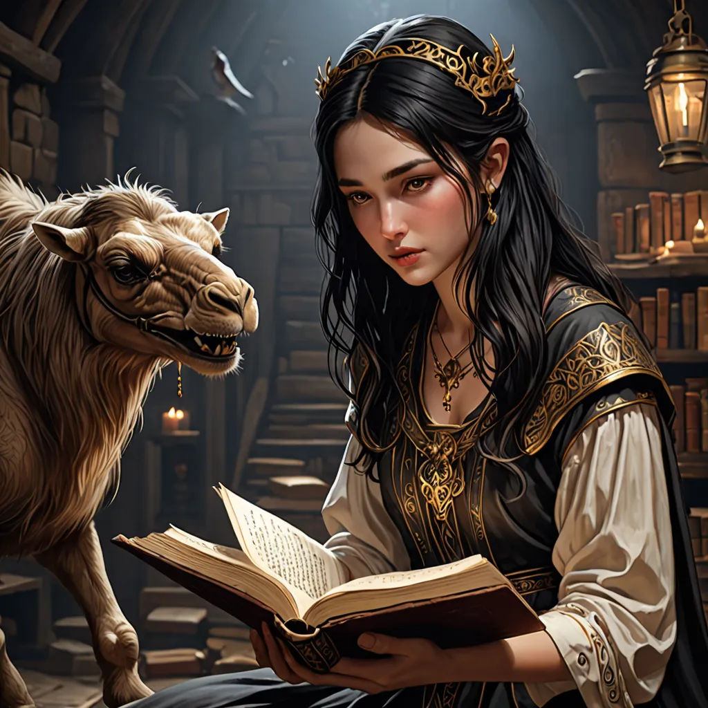 a woman reading a book next to a goat in a library with a lamp on the wall behind her, fantasy art, a storybook illustration, Clint Cearley, fantasy artwork