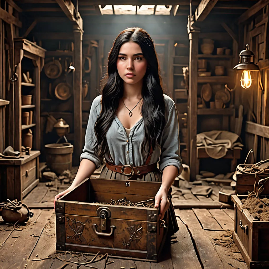 a woman holding a suitcase in a room full of wooden crates and other items, with a light on, visual art, a character portrait, Araceli Gilbert, promotional image