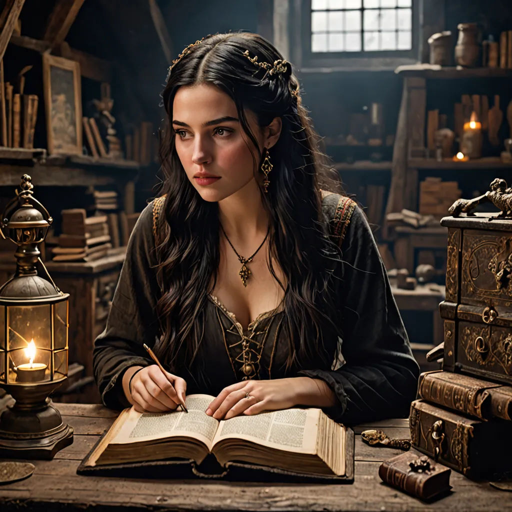 a woman sitting at a table with a book and a lantern in front of her and a lantern in the background, fantasy art, computer graphics, Araceli Gilbert, promotional image