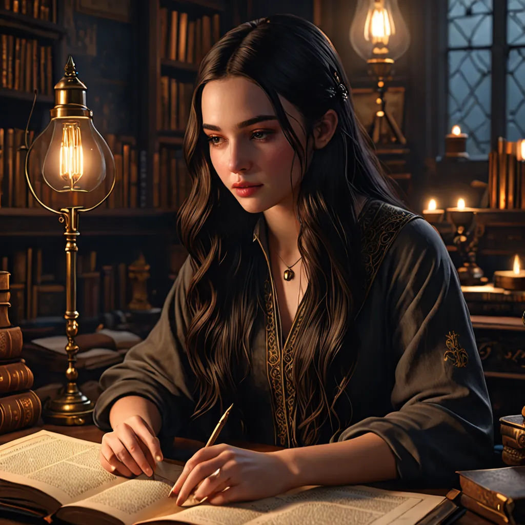 a woman sitting at a desk with a book and pen in her hand and a lamp in the background, fantasy art, a storybook illustration, Charlie Bowater, fantasy artwork