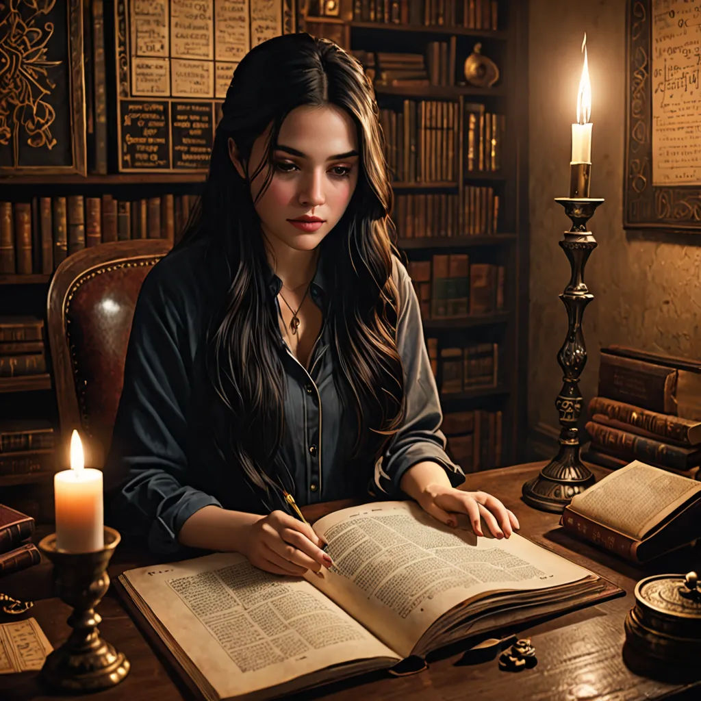 a woman sitting at a table with a book and a candle in front of her and a book on the table, fantasy art, a storybook illustration, Dirk Crabeth, fantasy artwork