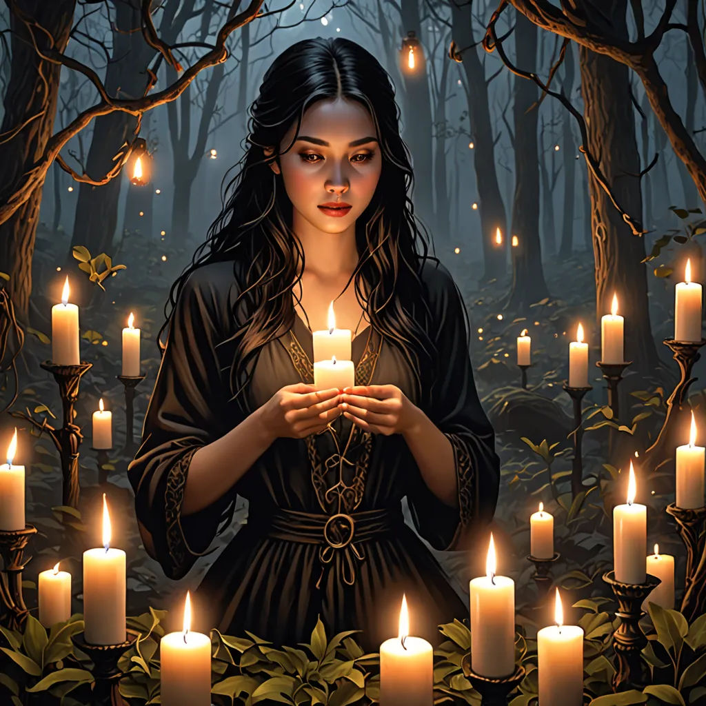 a woman holding a lit candle in a forest with many candles in front of her and a forest background, gothic art, a storybook illustration, Anne Stokes, candles