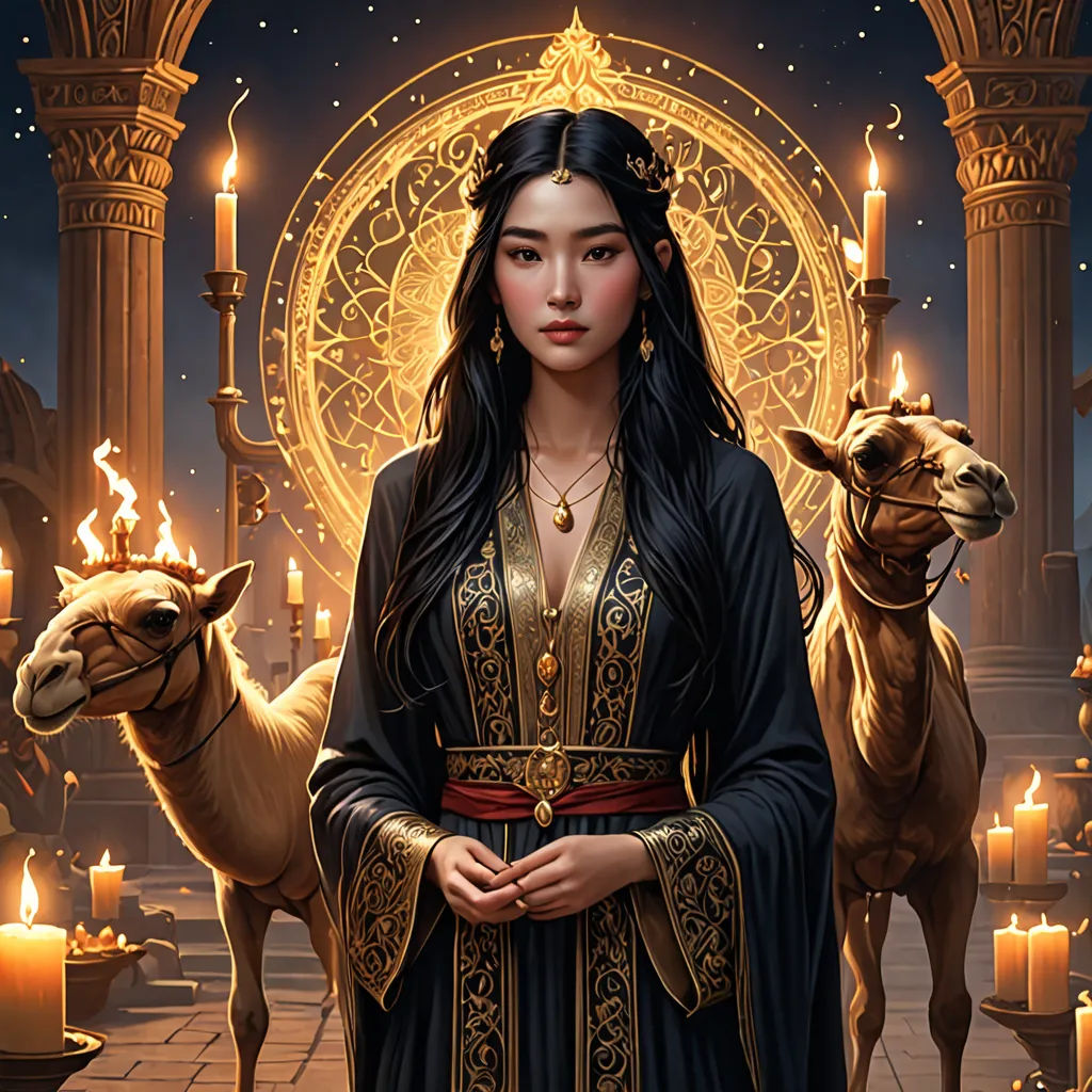 a woman in a black dress standing in front of a camel and a golden gate with candles in it, fantasy art, a detailed painting, Charlie Bowater, orientalism