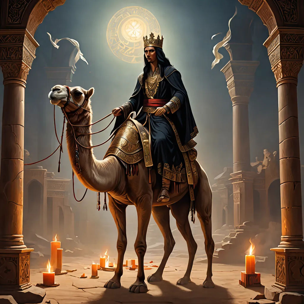 a man riding on the back of a camel in a desert area with candles around him and a bird flying overhead, fantasy art, a detailed painting, Art of Brom, magic the gathering artwork