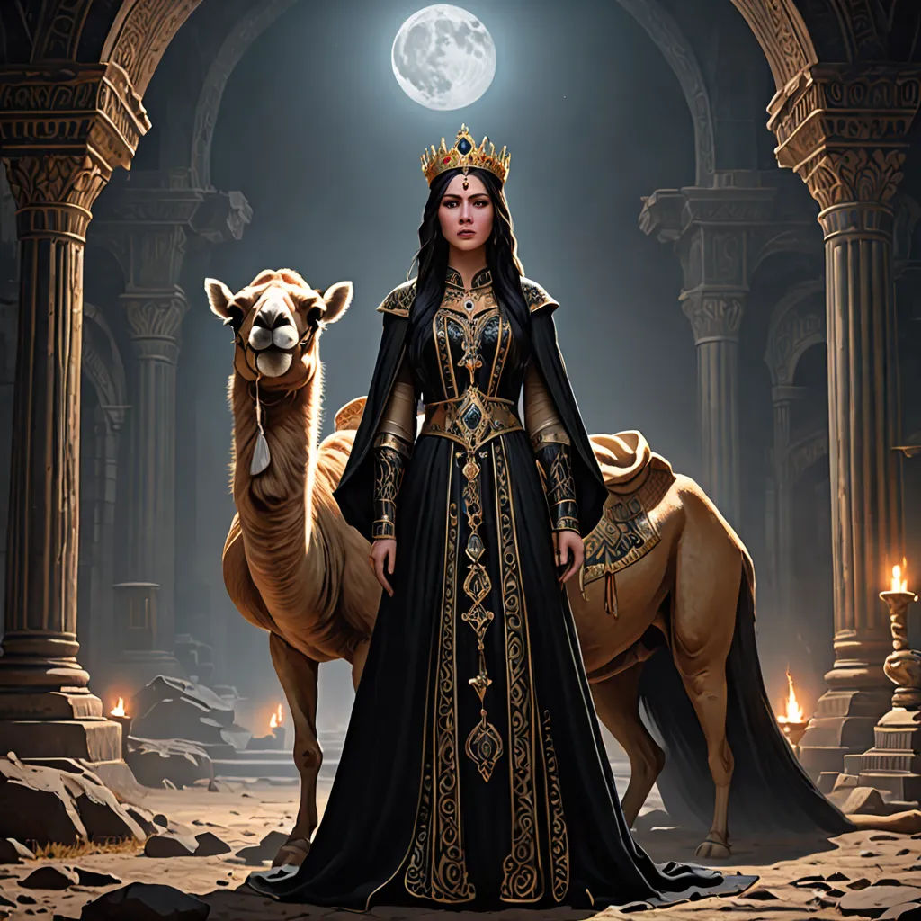 a woman in a black dress standing next to a camel in a desert area with a full moon in the background, fantasy art, a character portrait, Aleksi Briclot, regal