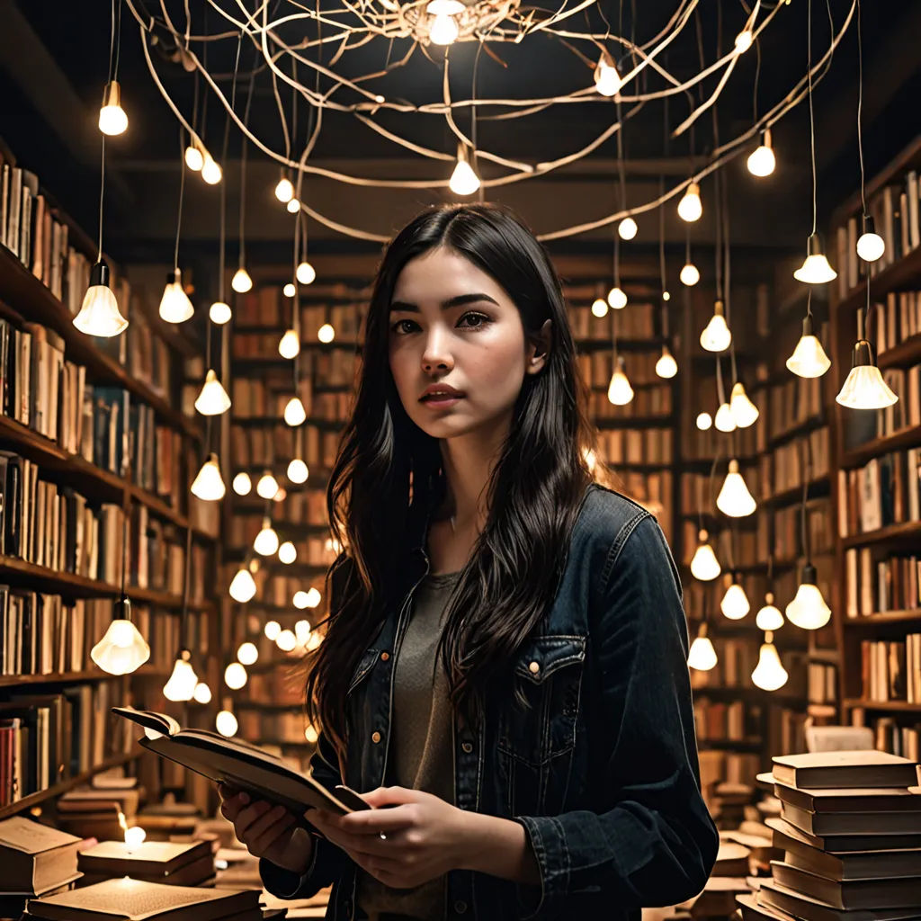 a woman standing in a library holding a book and looking at the camera with a lot of books on the shelves, academic art, a stock photo, Audrey Kawasaki, beautifully lit