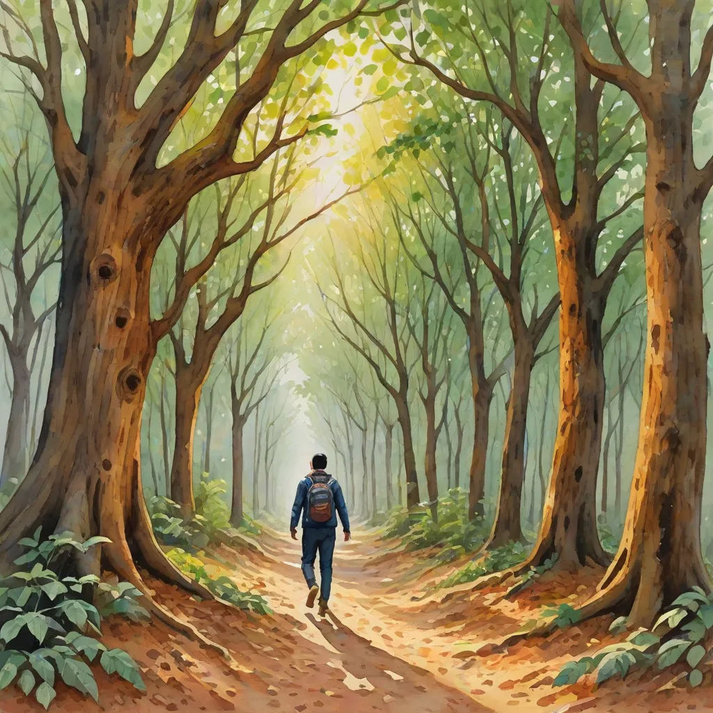 a painting of a man walking down a path in a forest with trees and leaves on both sides of the path, Christophe Vacher, fantasy art, an oil on canvas painting, forest