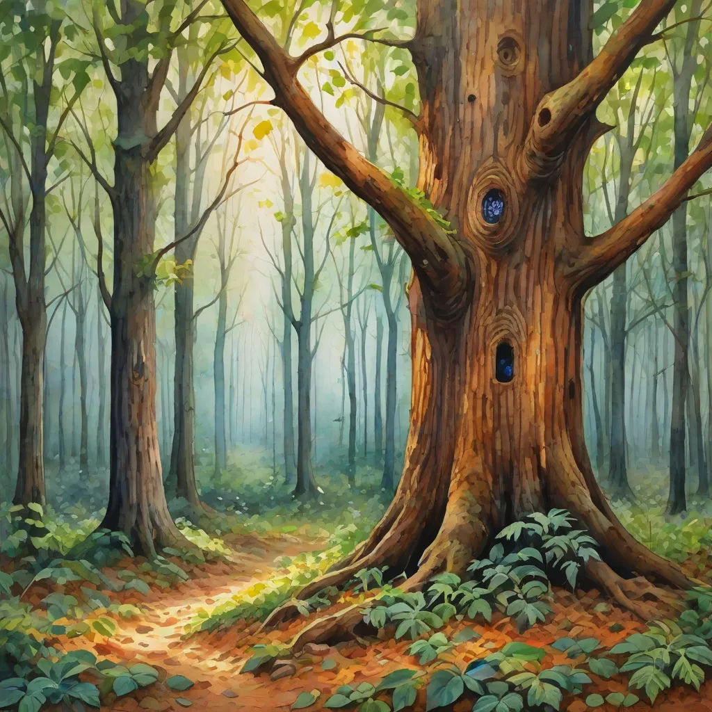 a painting of a tree with a hole in it's trunk in the middle of a forest with a trail leading to it, Chris LaBrooy, magical realism, a detailed matte painting, matte fantasy painting