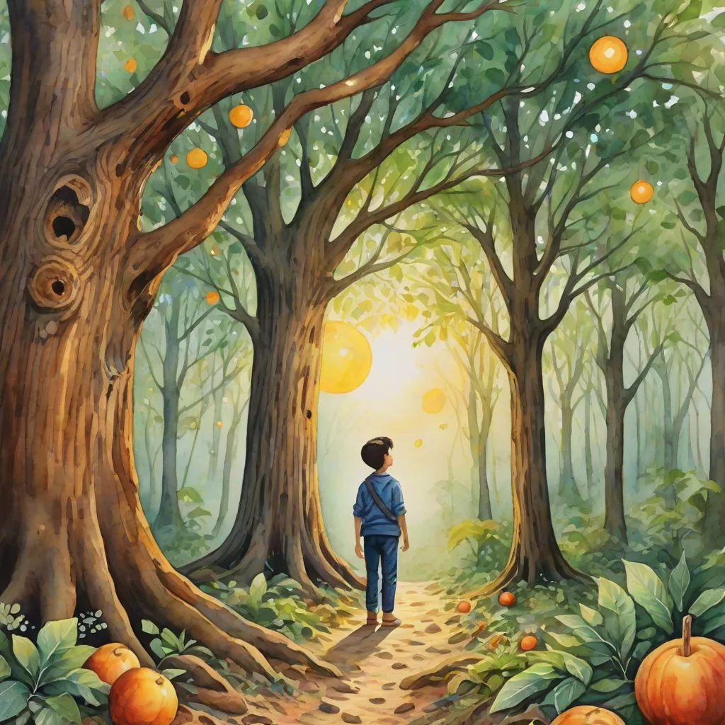 a painting of a person walking down a path in a forest with oranges on the trees and a person in the distance, Aaron Jasinski, fantasy art, a storybook illustration, storybook illustration