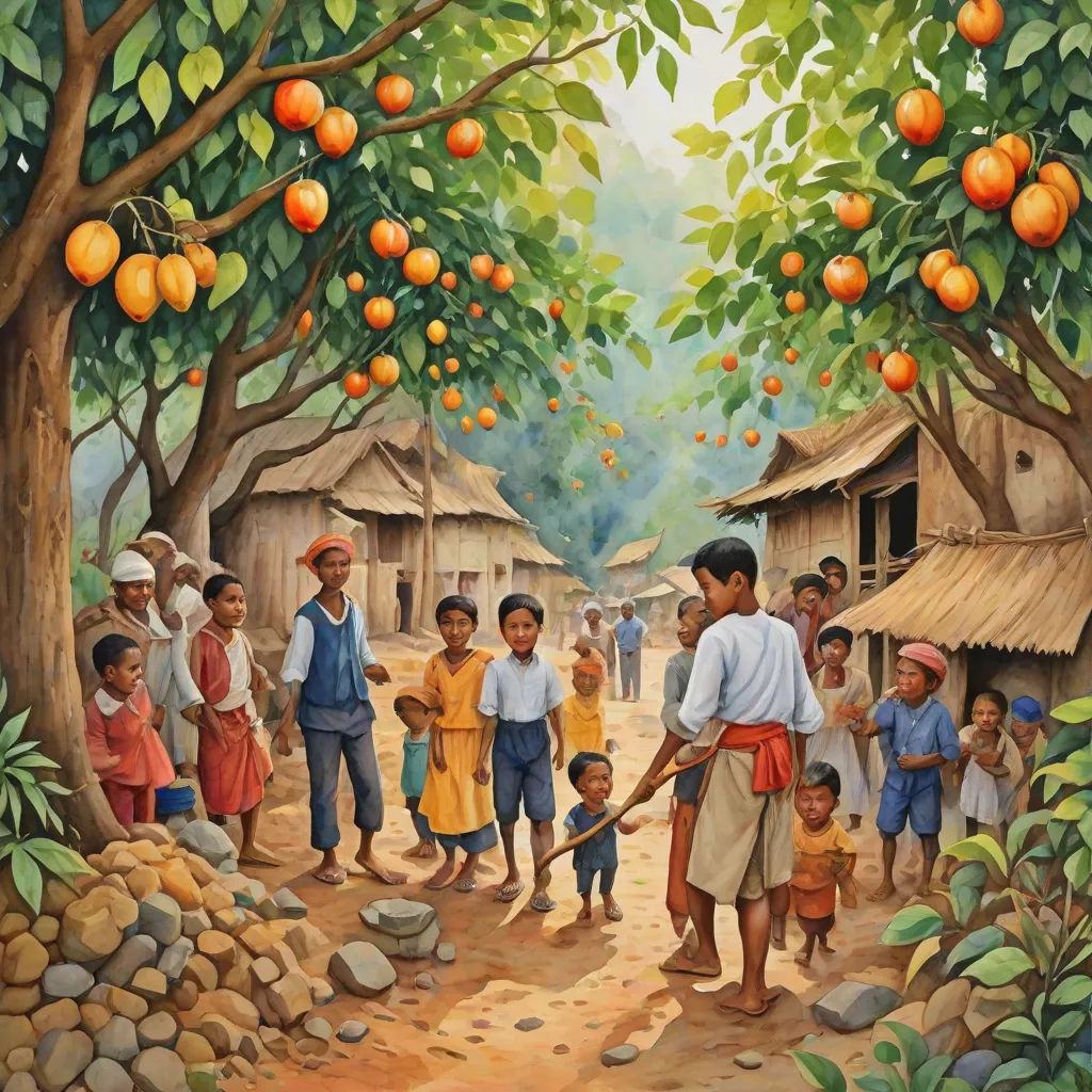 a painting of a group of people standing in front of a tree filled with oranges and a man holding a stick, Ding Yunpeng, naive art, a storybook illustration, orange