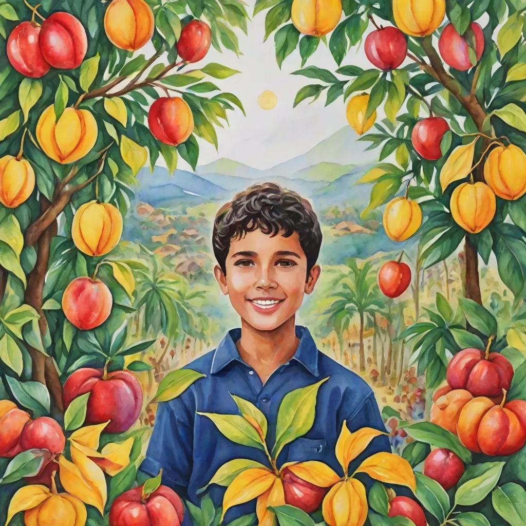 a painting of a boy surrounded by fruit trees and oranges with mountains in the background and a sun, Aaron Jasinski, lyco art, an oil on canvas painting, book cover