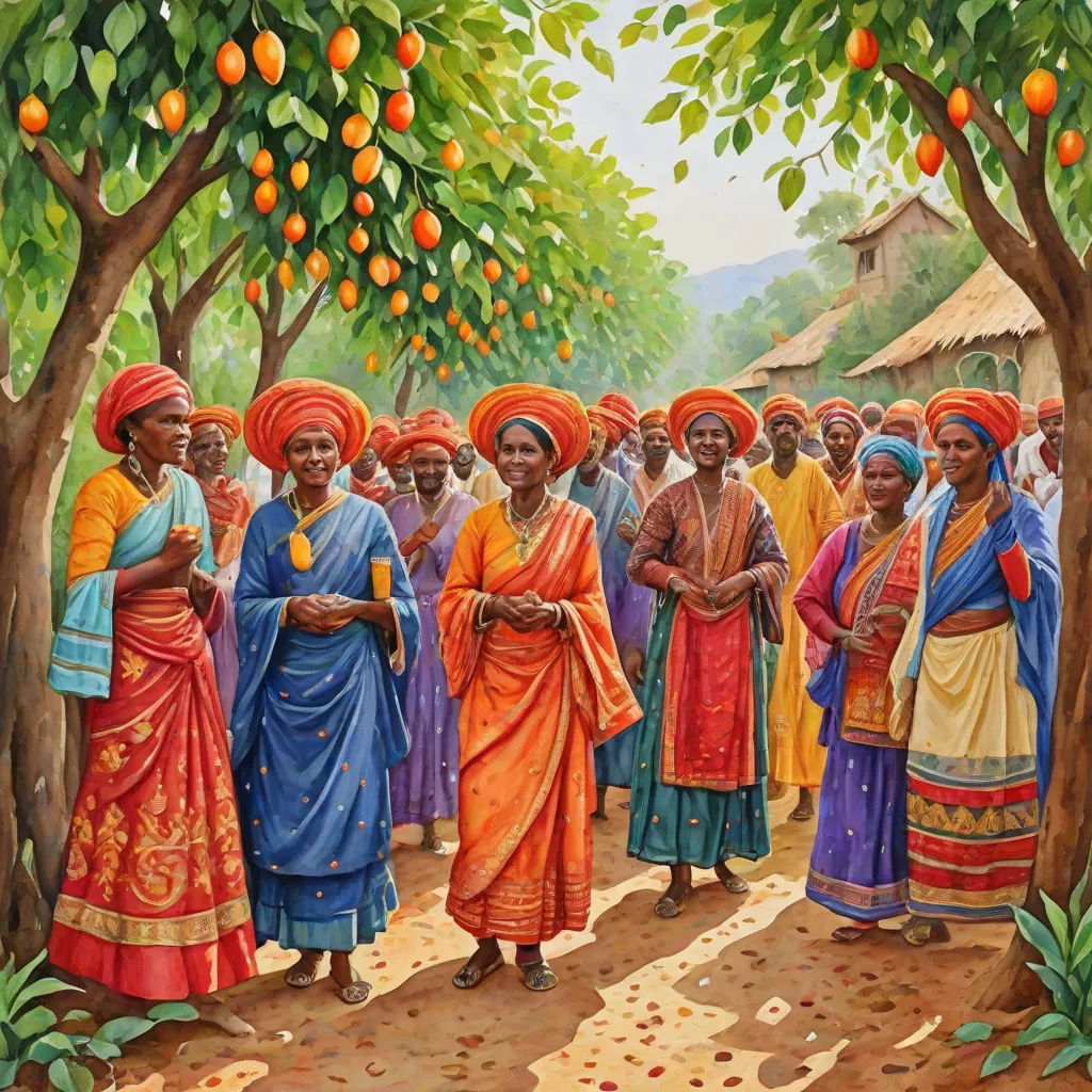a painting of a group of women in colorful clothing standing in front of orange trees with oranges on them, Afewerk Tekle, figurative art, a detailed painting, highly detailed oil painting