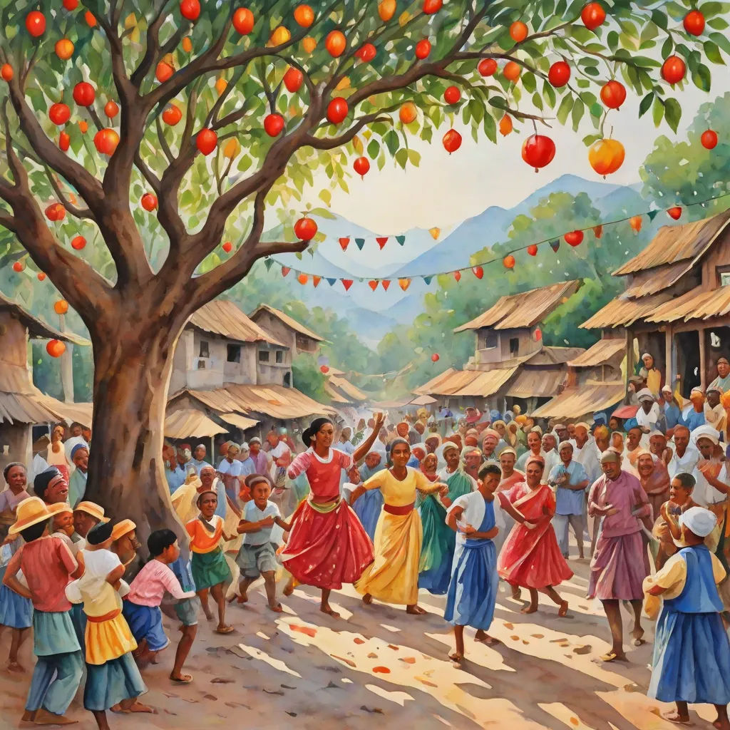 a painting of a group of people dancing in front of a tree with oranges hanging from it's branches, Art Brenner, naive art, an oil on canvas painting, highly detailed oil painting