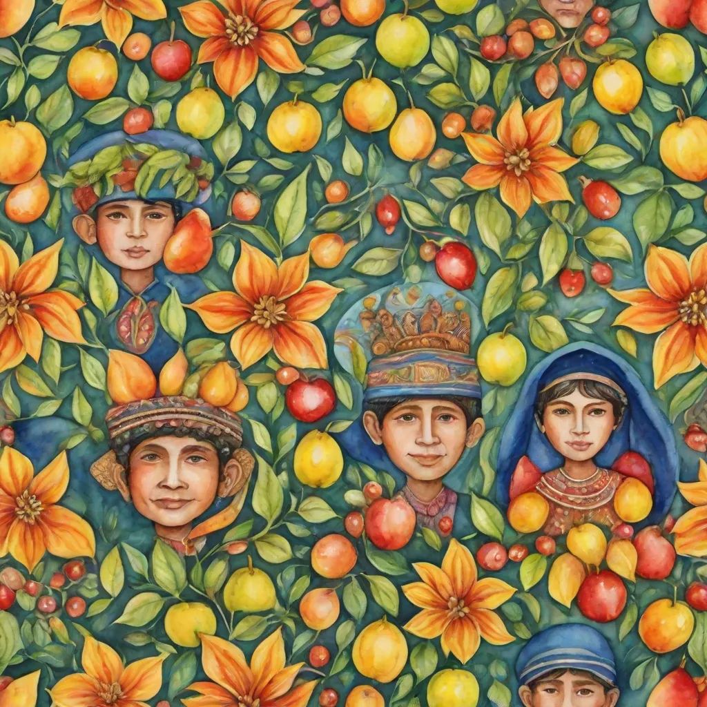 a painting of people surrounded by fruit and flowers on a green background with oranges and pomegranates, Edward Sorel, qajar art, a detailed painting, in gouache detailed paintings