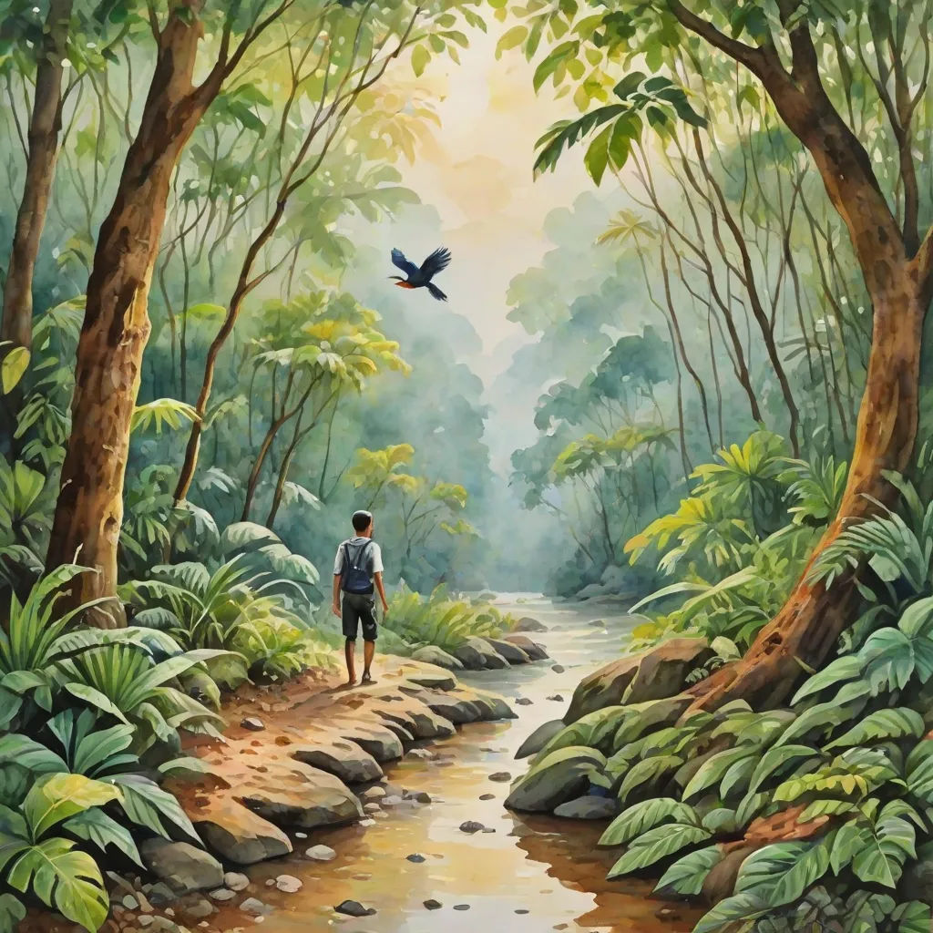 a painting of a man walking through a forest with a bird flying overhead over him and a stream running through the forest, Dan Mumford, primitivism, an oil painting, comic cover art
