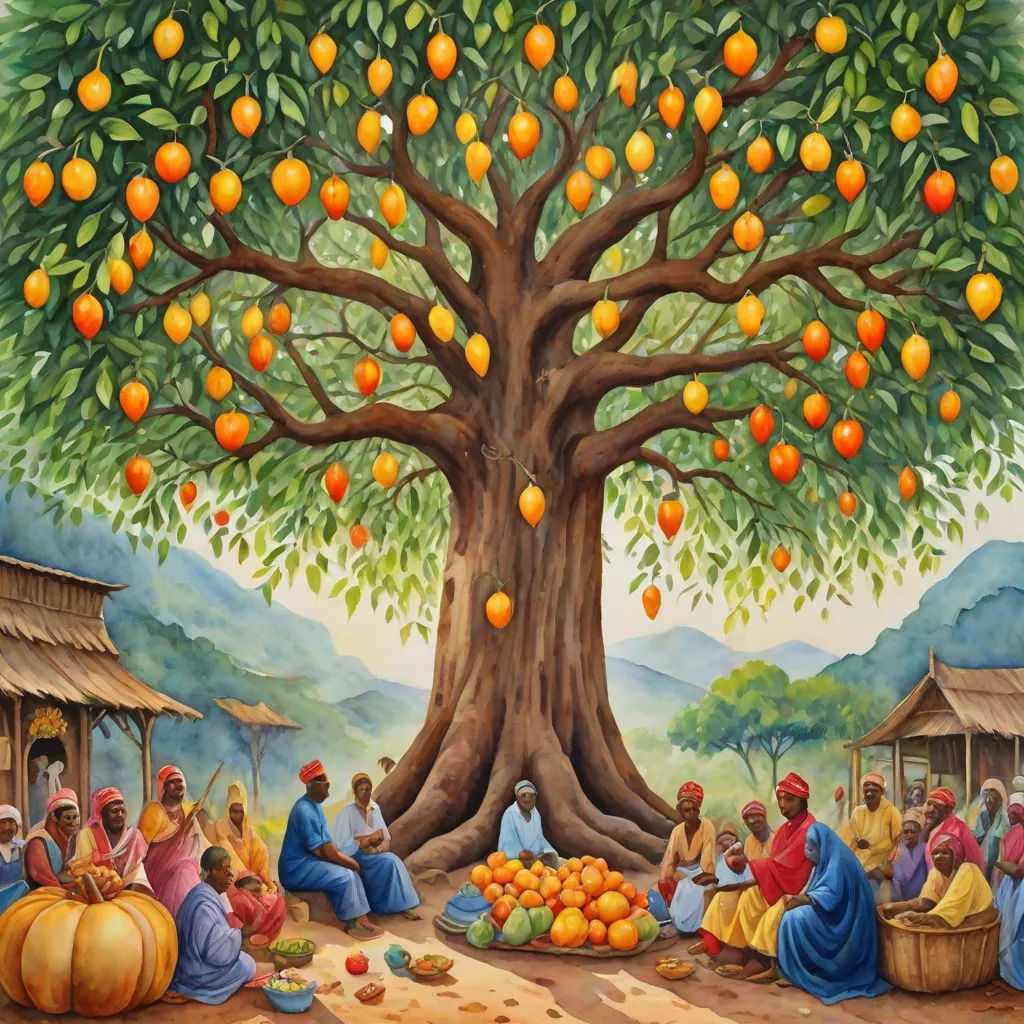 a painting of a group of people sitting under a tree with oranges on it and a man sitting under a tree with oranges, Chris LaBrooy, folk art, a detailed painting, orange