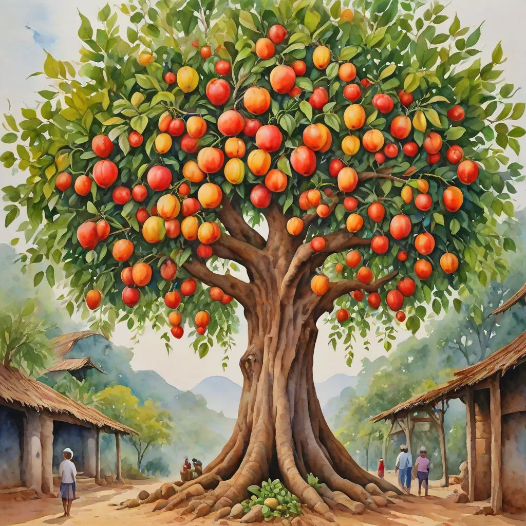 a painting of a tree with oranges on it's branches and people standing around it, in front of a hut, Boetius Adamsz Bolswert, folk art, a detailed painting, highly detailed digital painting