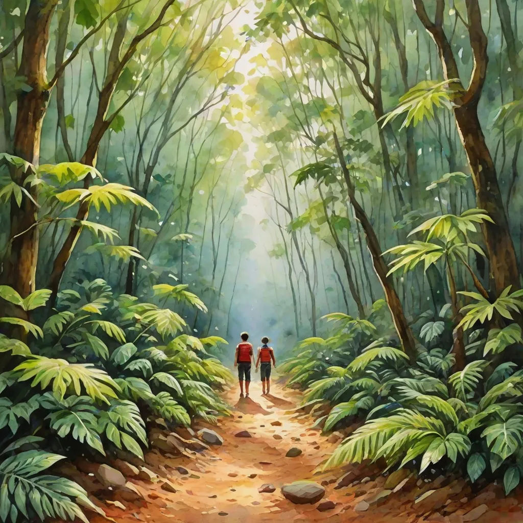a painting of two people walking down a dirt path in a forest with trees and ferns on either side of the path, David A Hardy, fantastic realism, a fine art painting, official art
