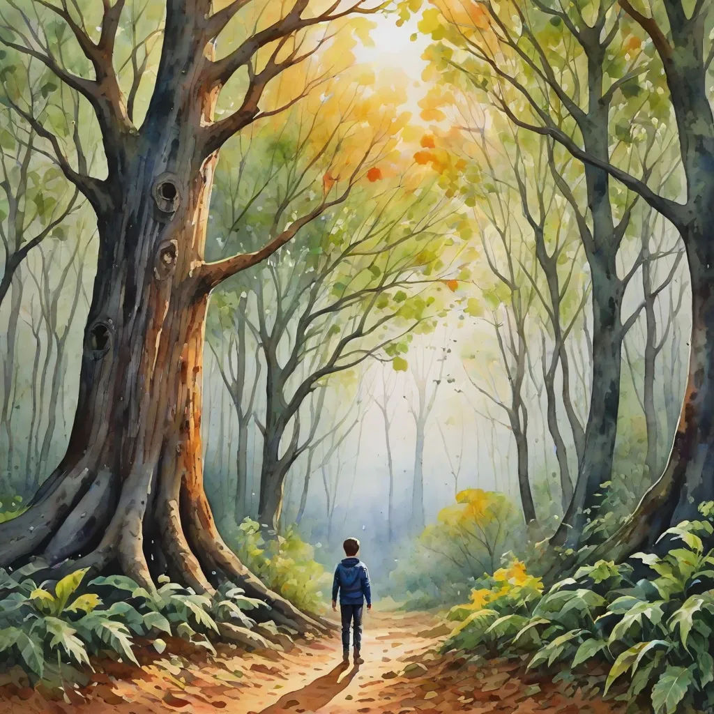 a painting of a person walking down a path in a forest with trees and leaves on both sides of the path, Christophe Vacher, fantasy art, a storybook illustration, forest