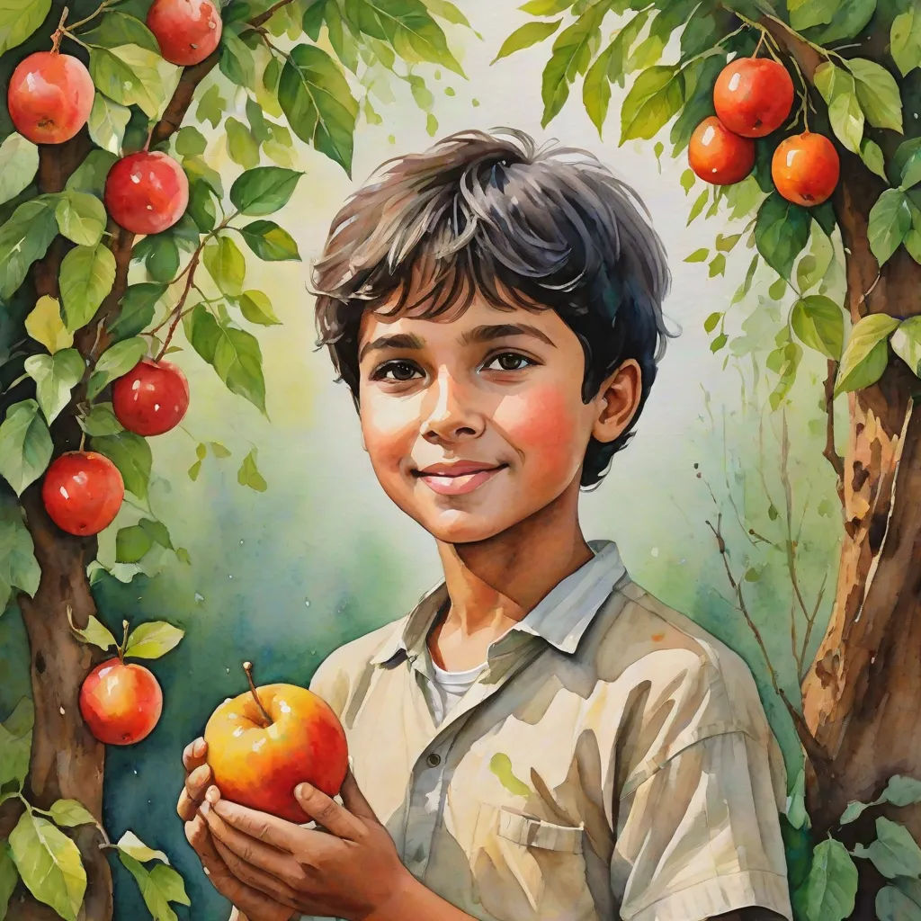 a painting of a boy holding an apple in front of a tree with apples on it and a green background, Aaron Jasinski, figurative art, a detailed painting, highly detailed oil painting