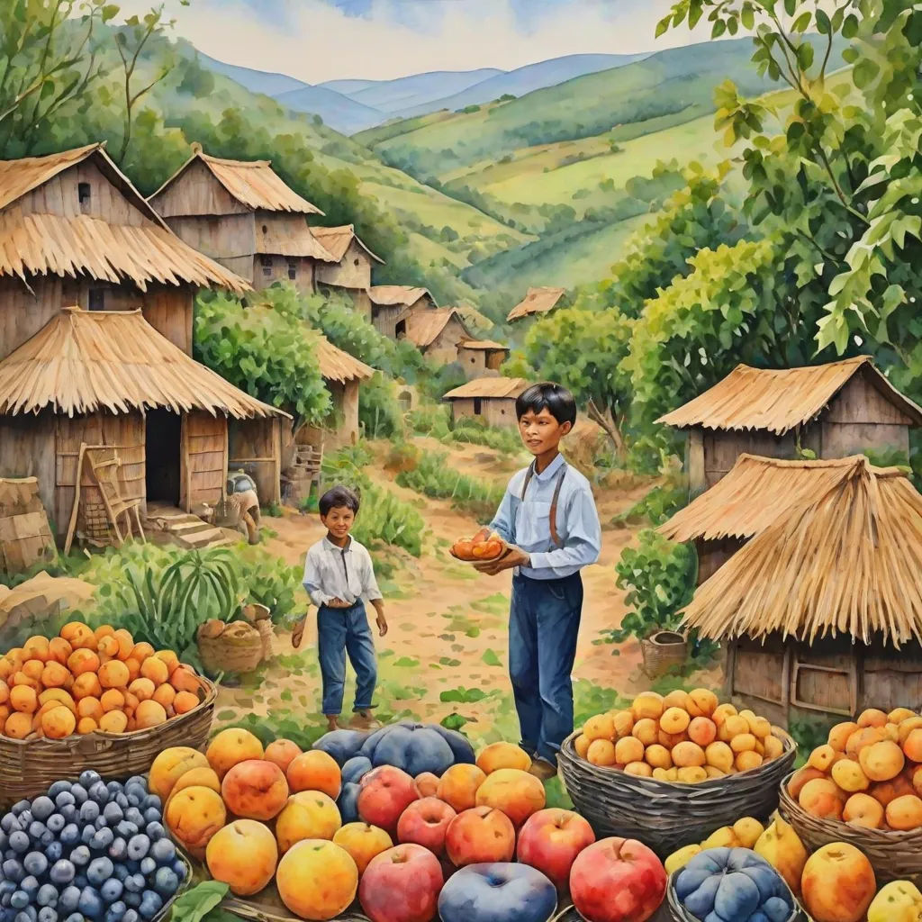 a painting of a man and a boy in a fruit stand with a mountain view in the background and a woman standing in front of a basket of fruit, Chen Chun, figurative art, a storybook illustration, phuoc quan