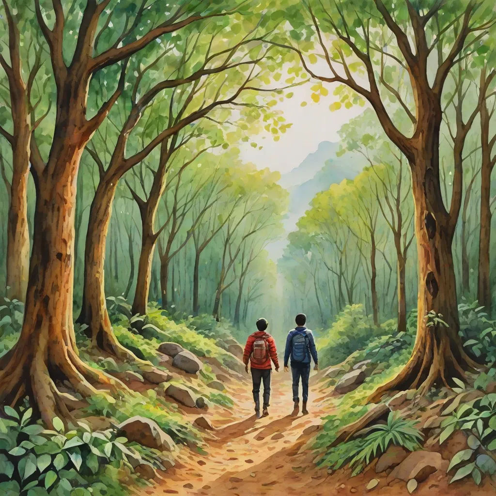 a painting of two people walking down a path in the woods with trees on either side of them and a trail leading to the top of the trees, Brothers Hildebrandt, fantastic realism, an oil on canvas painting, official art