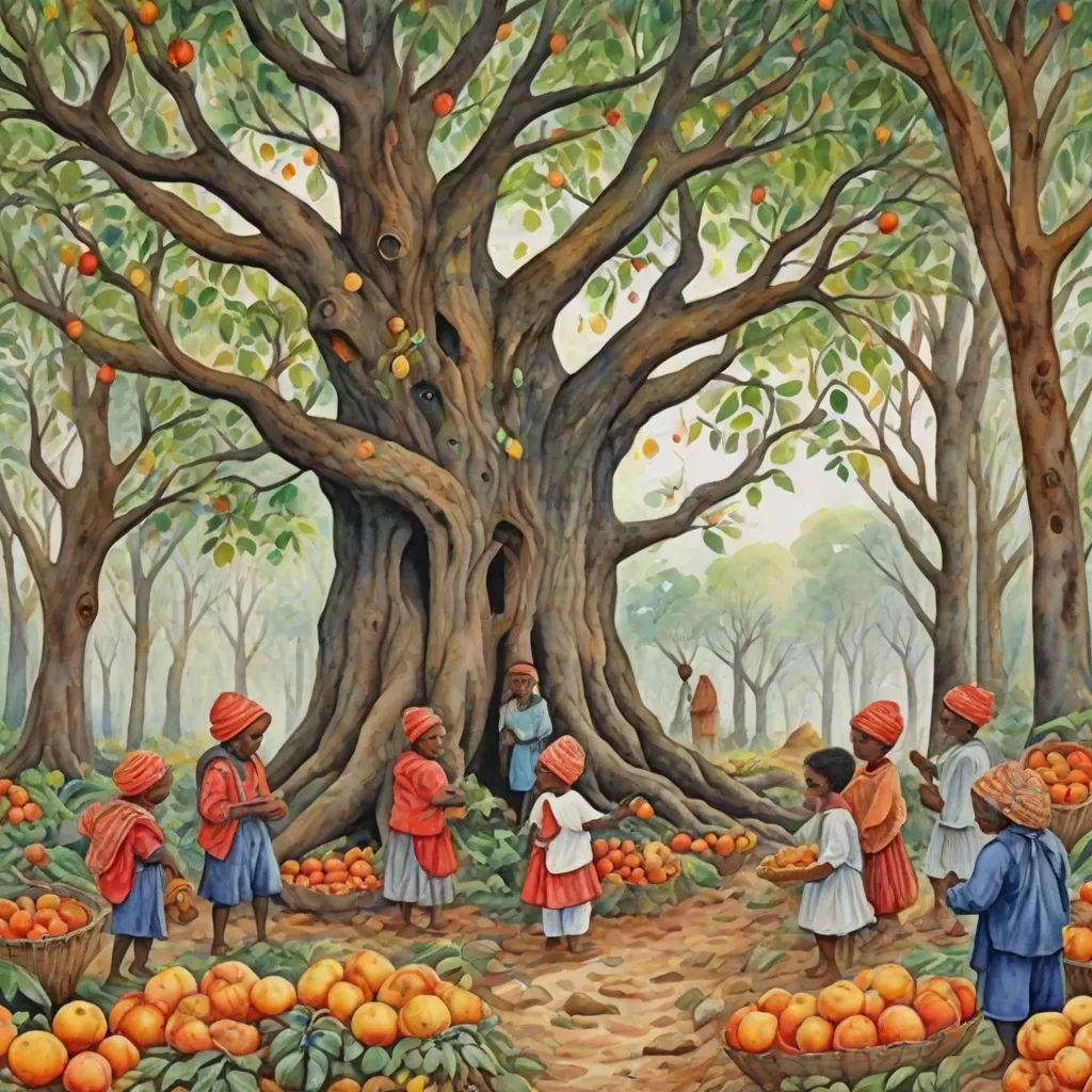 a painting of a group of people picking oranges from a tree in a forest with a large trunk, Elsa Beskow, qajar art, a storybook illustration, storybook illustration