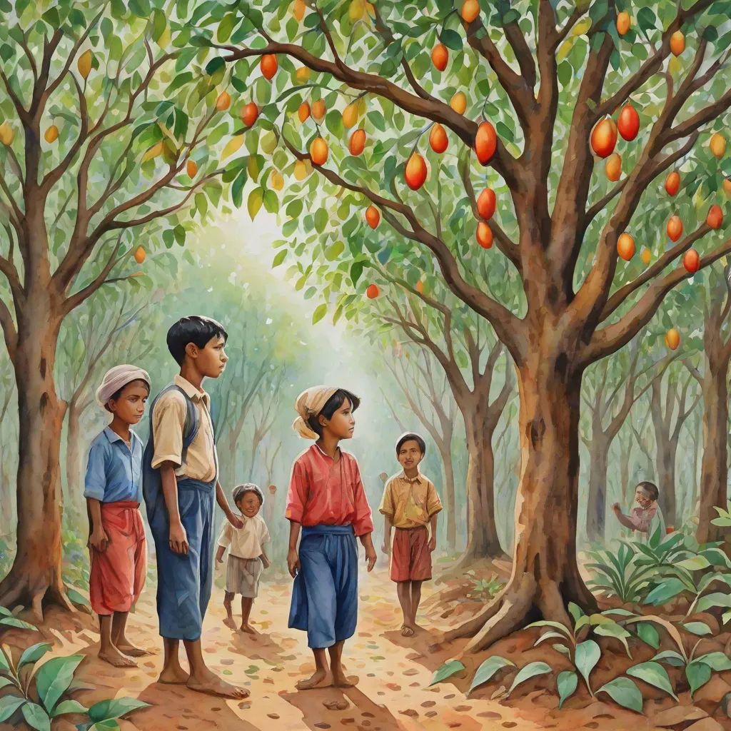 a painting of children walking through a forest with oranges on trees and a man standing in the background, Aaron Jasinski, naive art, a storybook illustration, storybook illustration