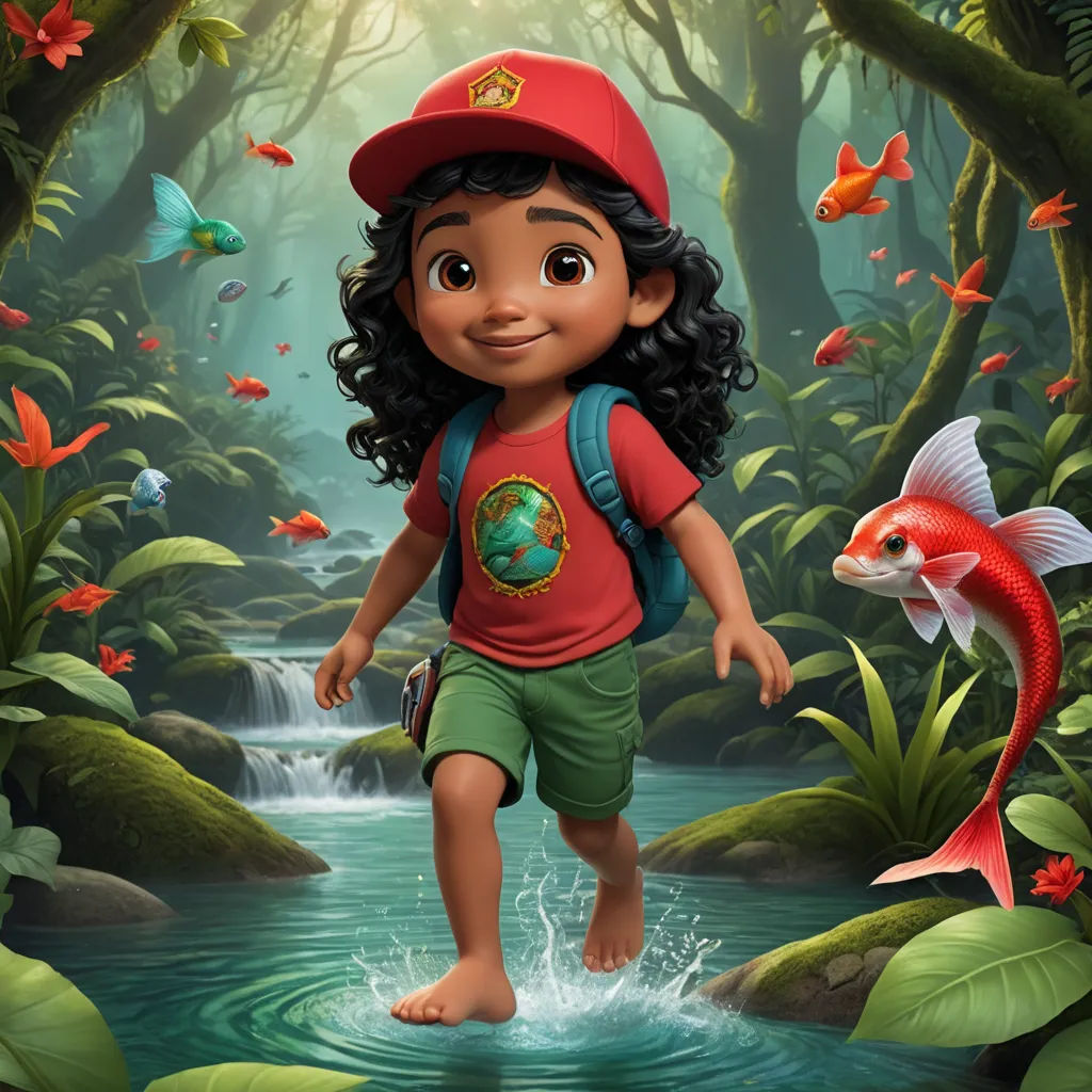 a cartoon boy is walking through a stream with fish in the background and a forest with a waterfall and a fish, photorealism, poster art, Ella Guru, promotional image