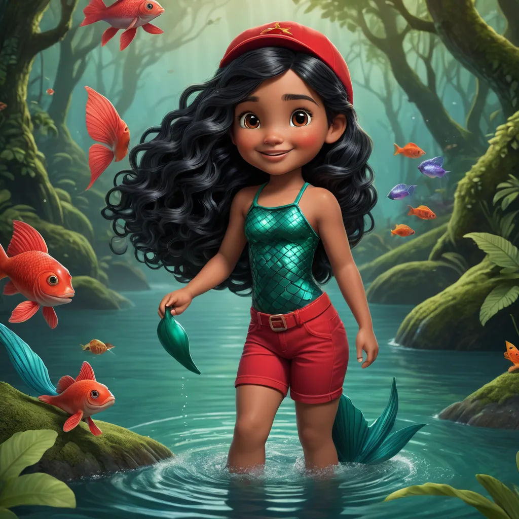 a cartoon girl in a green top and red shorts standing in a river with fish and plants around her, pop surrealism, a character portrait, Cliff Childs, promotional image