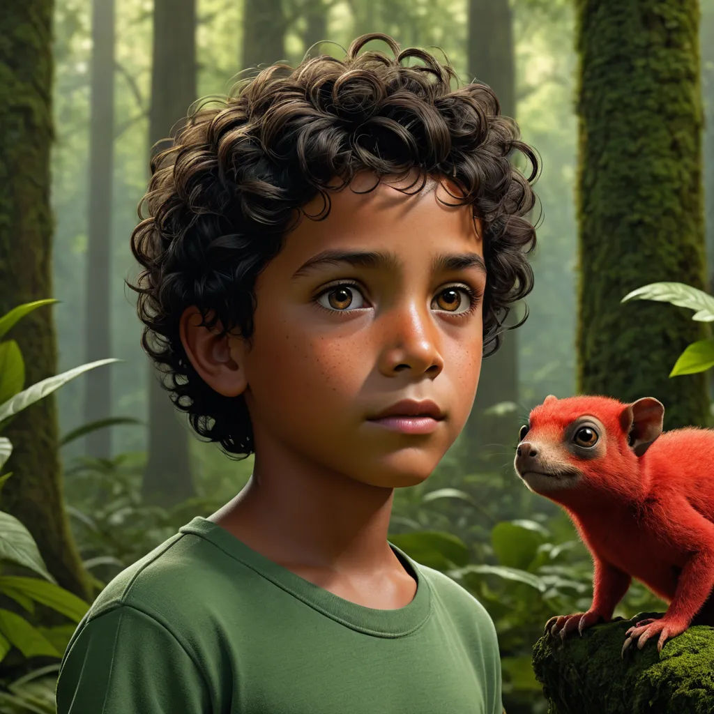 a young boy standing next to a red animal in a forest with a forest background and a red animal on a log, photorealism, a character portrait, Chris LaBrooy, highly detailed digital painting