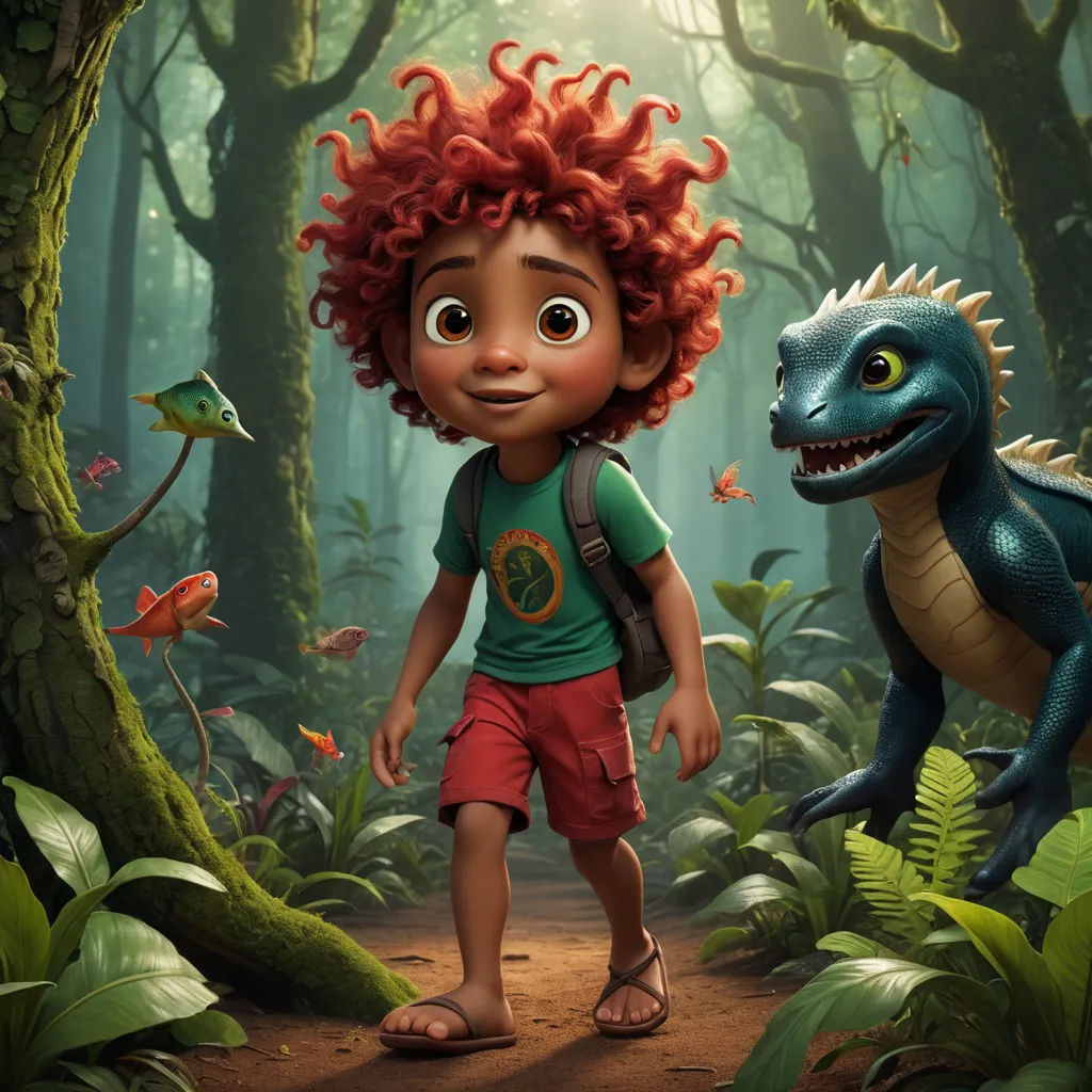 a boy and a dinosaur in a forest with leaves and trees in the background, with a red hair, photorealism, concept art, Adam Rex, pixar and disney animation