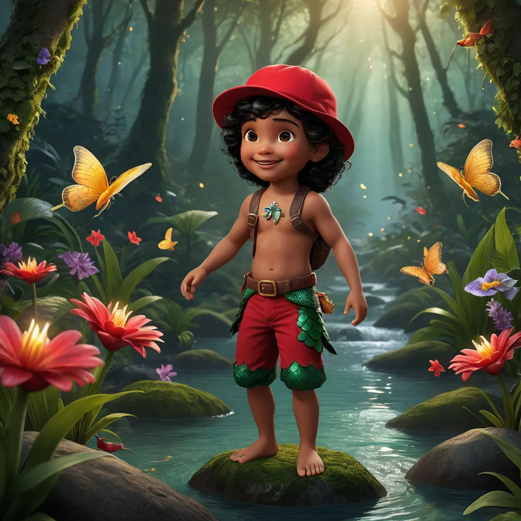 a cartoon boy standing on a rock in a forest with butterflies around him and a stream running through it, sots art, concept art, Altoon Sultan, promotional image