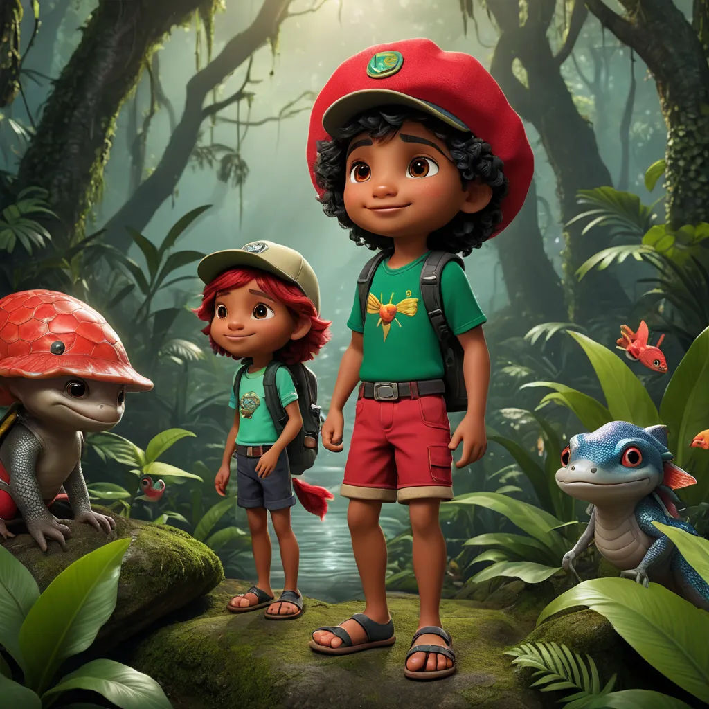 a boy and a girl standing in the jungle with a frog and a toad on the ground next to them, photorealism, concept art, Cliff Childs, promotional image